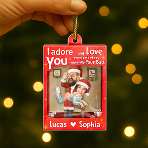 Personalized Santa couple ornament featuring a playful design and custom names Lucas and Sophia