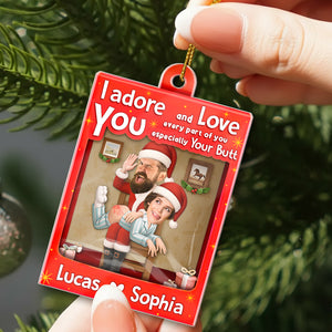 Personalized Santa couple ornament featuring a couple in festive attire with a heartfelt message