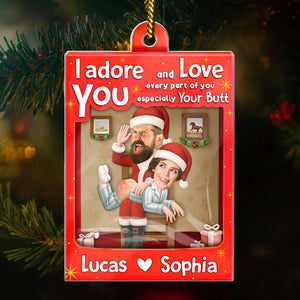 Personalized Santa couple ornament featuring a fun design with playful text and names Lucas and Sophia