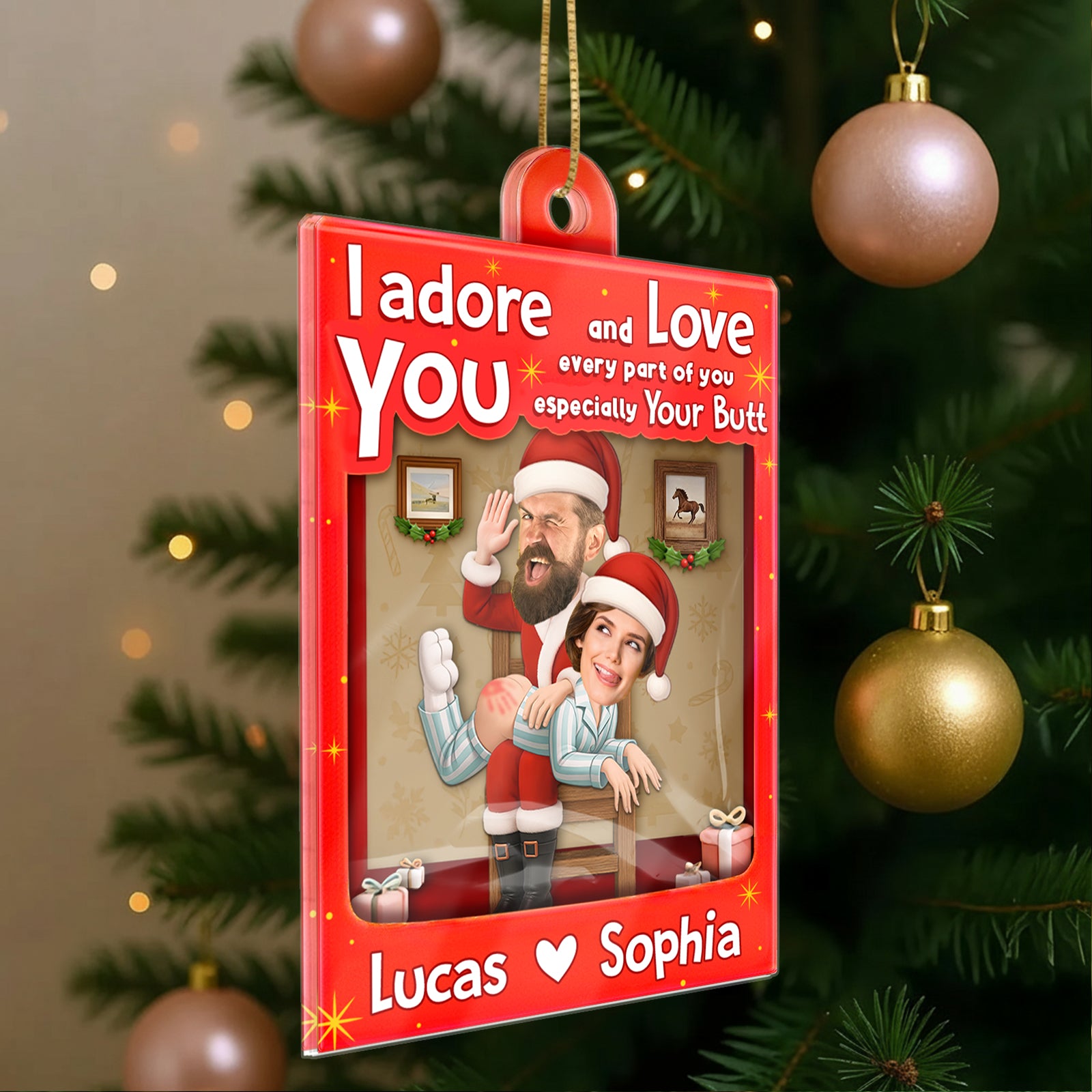 Personalized Santa couple ornament featuring a fun design with custom names Lucas and Sophia