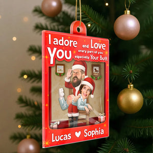 Personalized Santa couple ornament featuring a fun design with custom names Lucas and Sophia