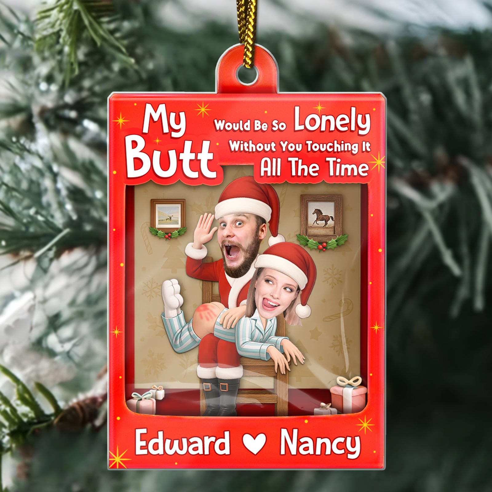 Personalized Santa couple ornament featuring humorous design for unique holiday décor