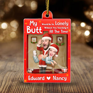 Personalized Santa couple ornament featuring a fun design with custom names Edward and Nancy