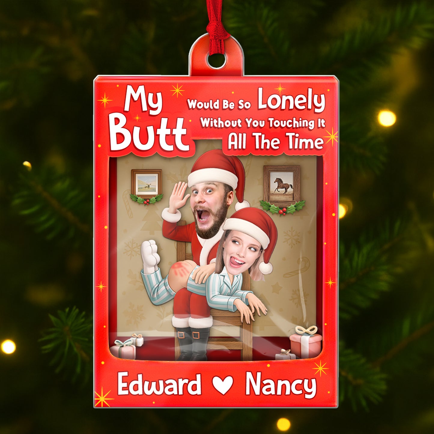 Personalized Santa couple ornament featuring fun design with whimsical characters and holiday theme