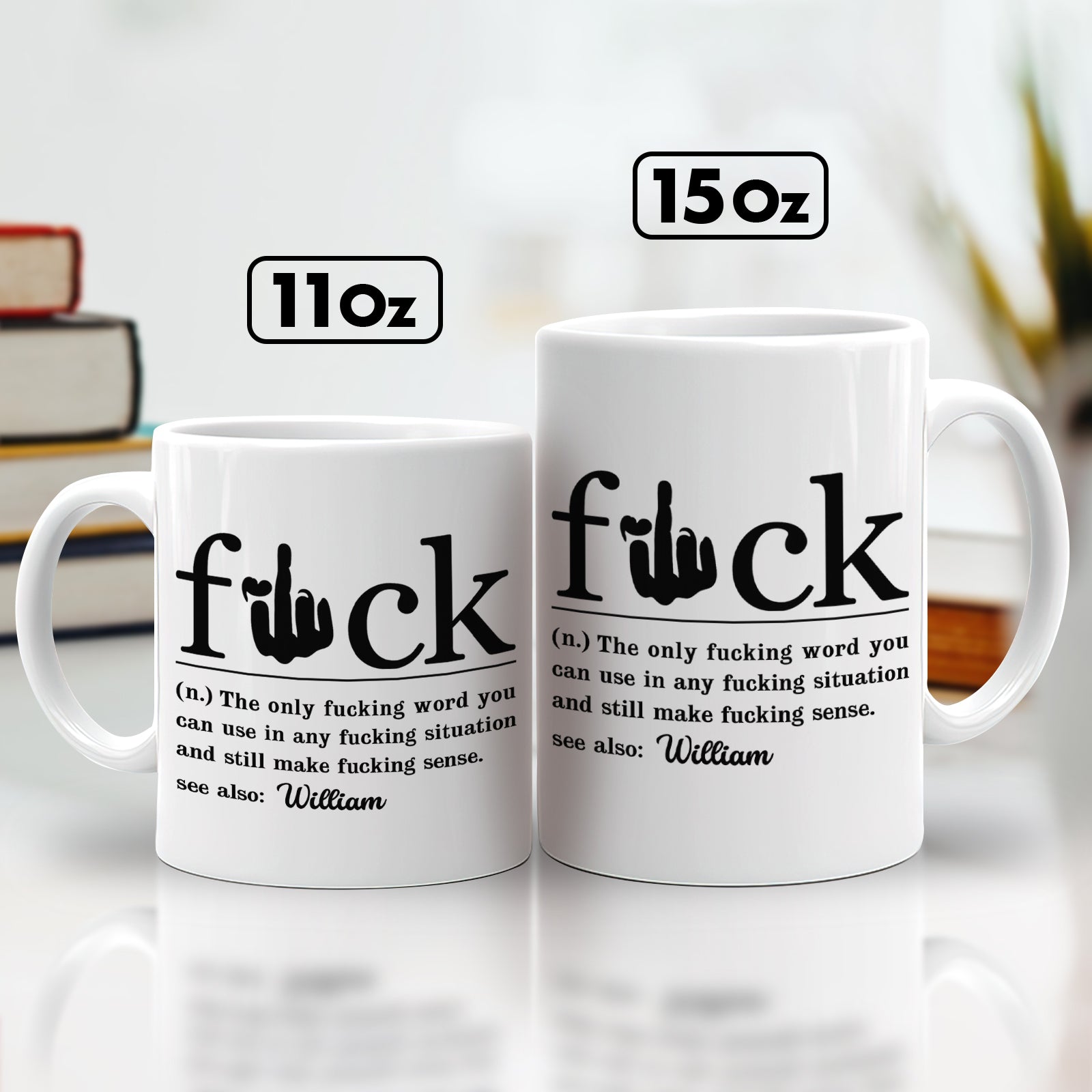 Personalized sarcastic coffee mug set in two sizes with humorous definition of a common expletive