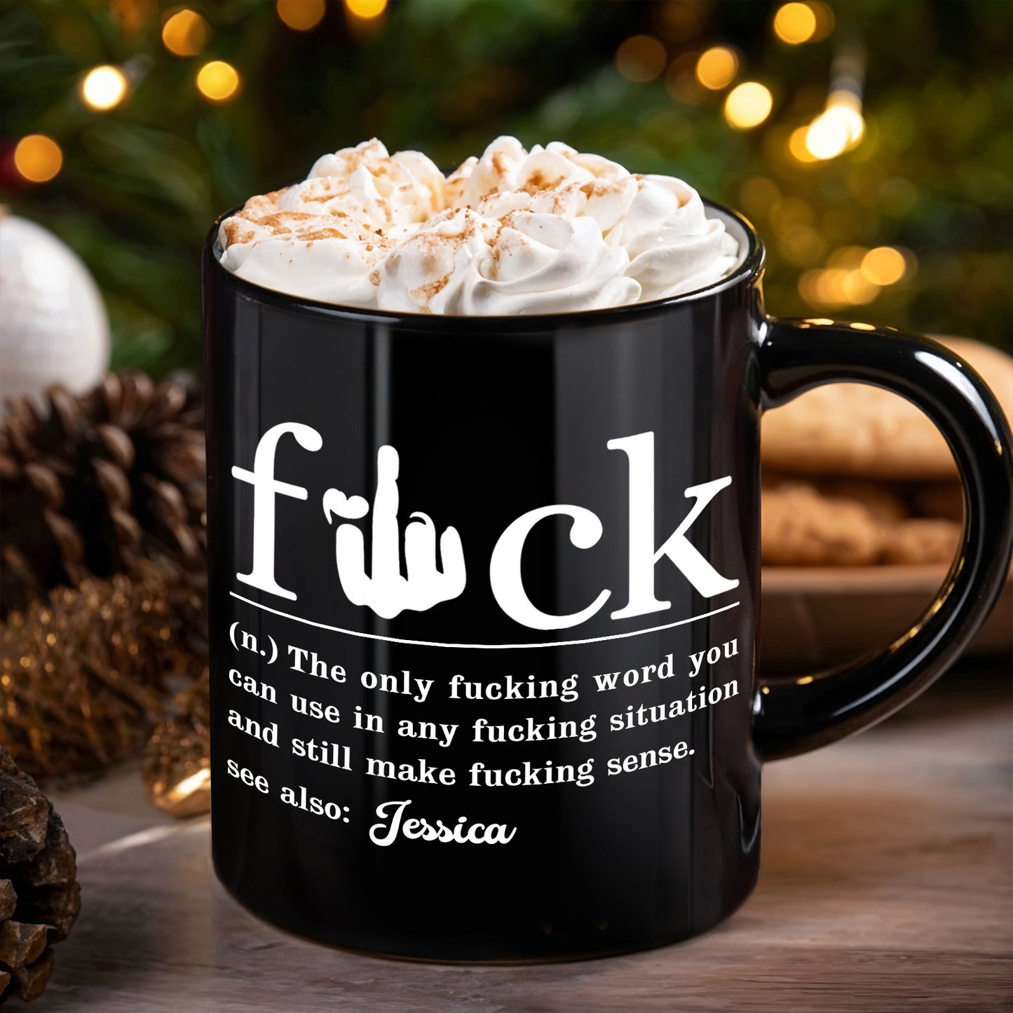 Personalized sarcastic coffee mug featuring a humorous definition of the word 'f***' for coffee lovers