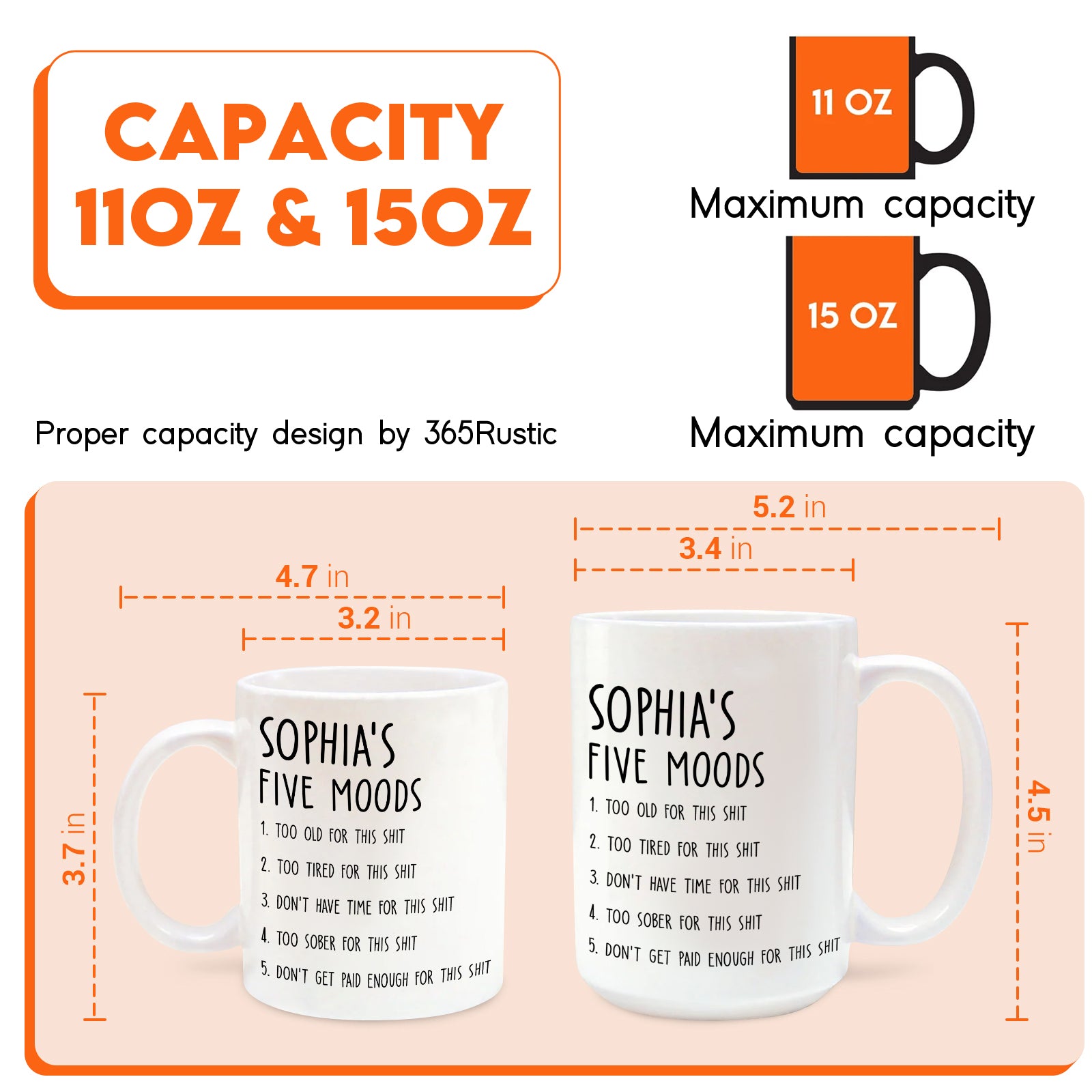 Personalized sarcastic mug with humorous moods list and size options from 365Gifty