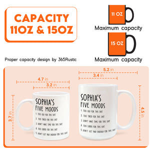 Personalized sarcastic mug with humorous moods list and size options from 365Gifty