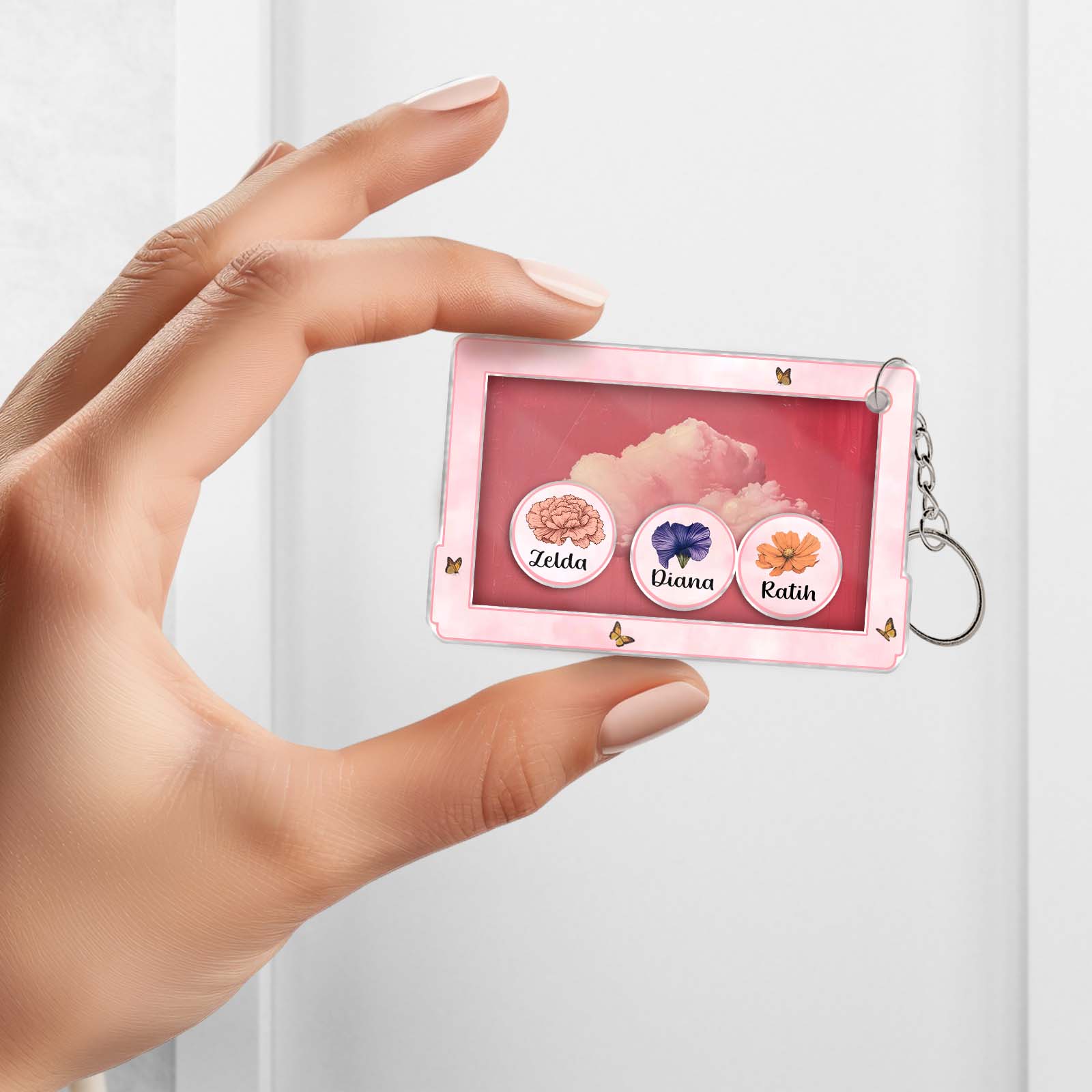 Personalized shaking keychain for grandma featuring three customizable names in a decorative frame