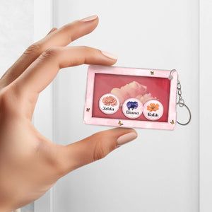 Personalized shaking keychain for grandma featuring three customizable names in a decorative frame