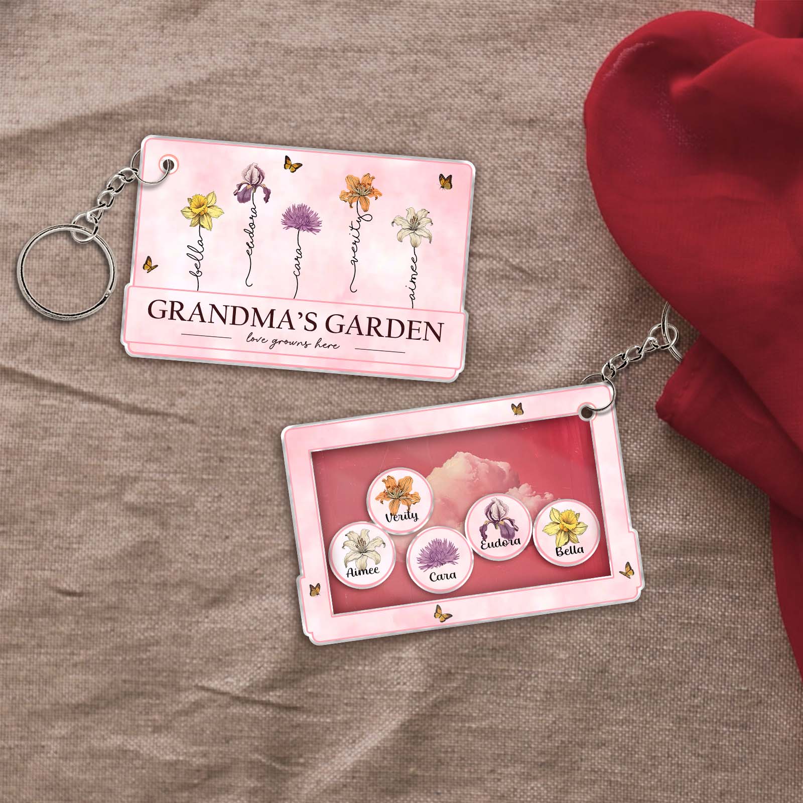 Personalized shaking keychain for grandma with colorful flowers and heartfelt message