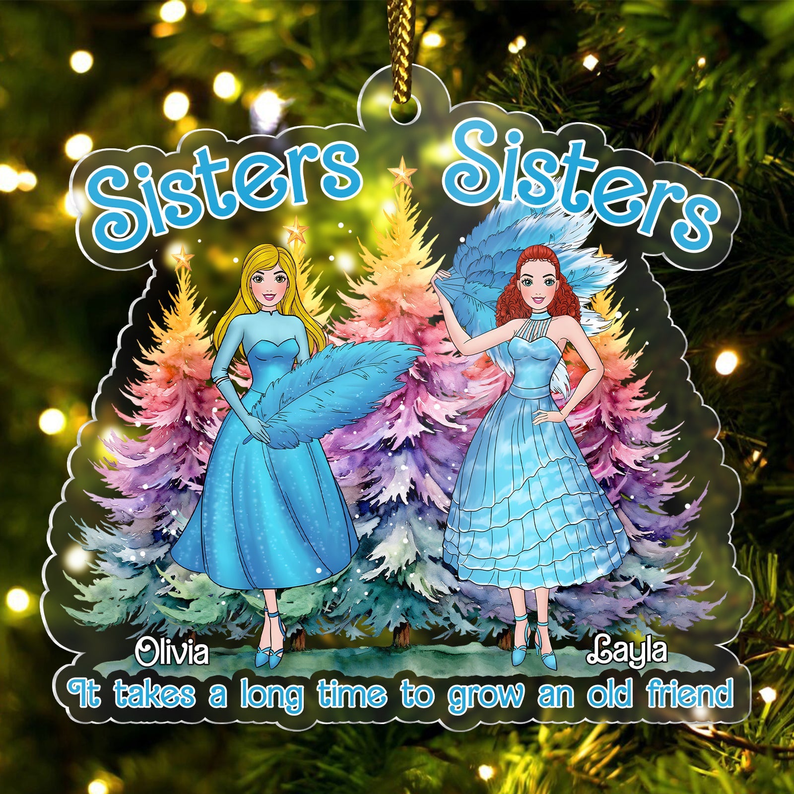 Personalized sisters Christmas ornament with two sisters in blue dresses and colorful trees background