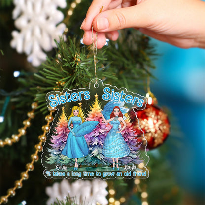 365Gifty personalized sisters Christmas ornament with two women in blue dresses holding umbrellas on a decorated tree