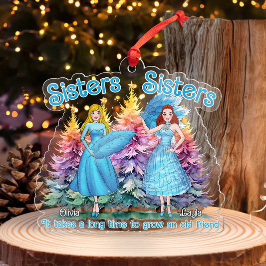 365Gifty personalized sisters Christmas ornament with two sisters in blue dresses and colorful trees background