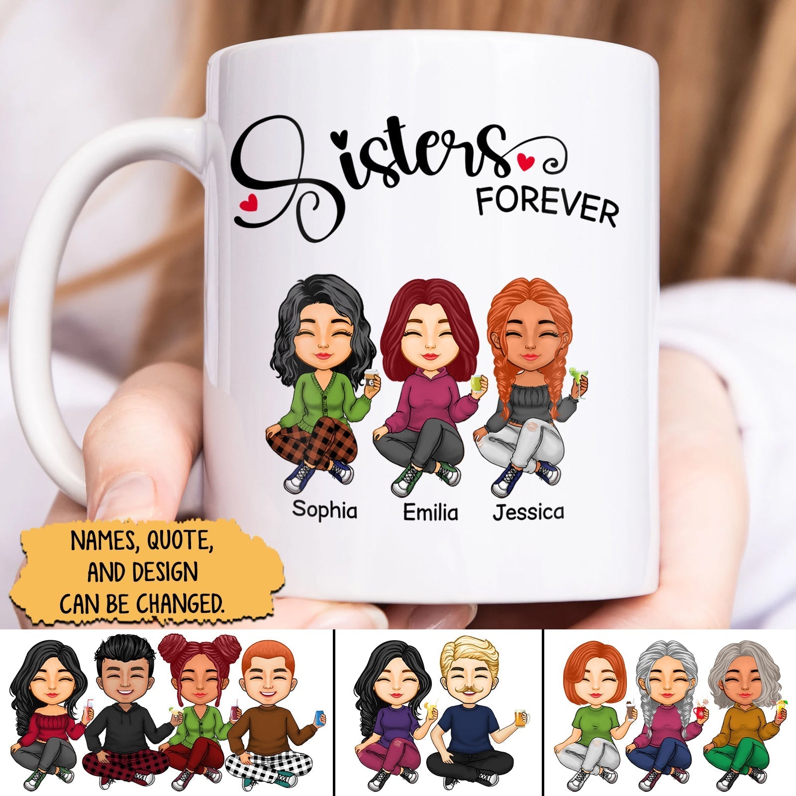 Personalized sisters mug featuring three girls with customizable names and designs for special gifts