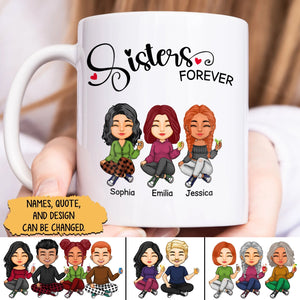 Personalized sisters mug featuring three girls with customizable names and designs for special gifts