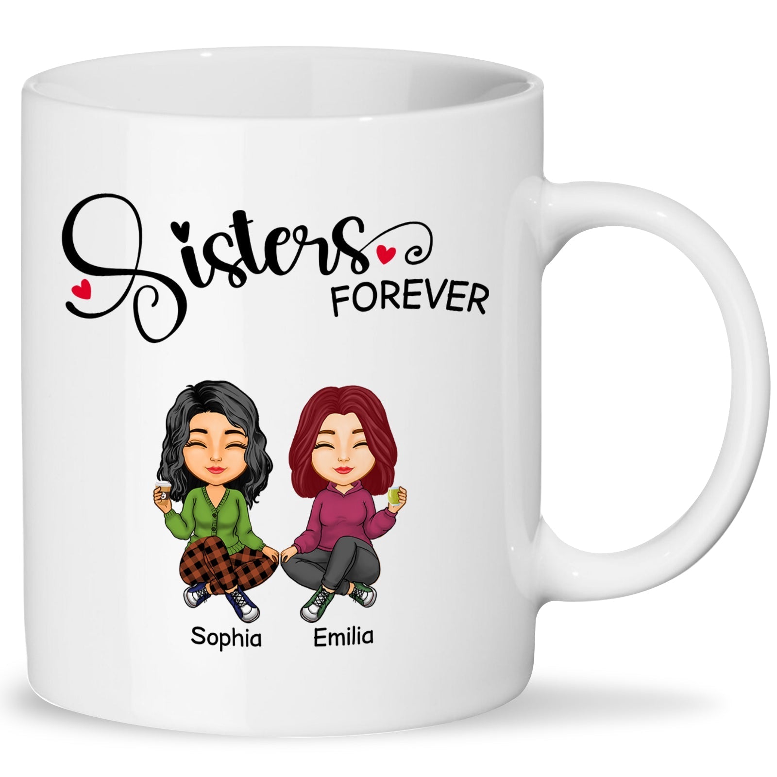 Personalized sisters mug featuring cartoon sisters Sophia and Emilia with 'Sisters Forever' text