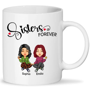 Personalized sisters mug featuring cartoon sisters Sophia and Emilia with 'Sisters Forever' text