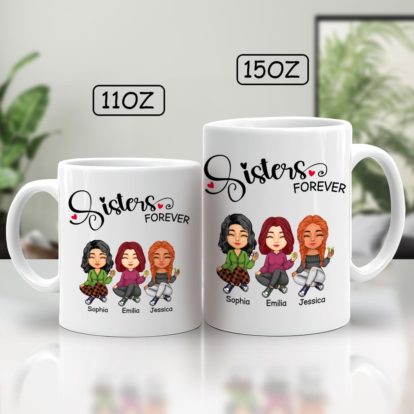 Personalized sisters mug featuring four cartoon characters with the text Sisters Forever