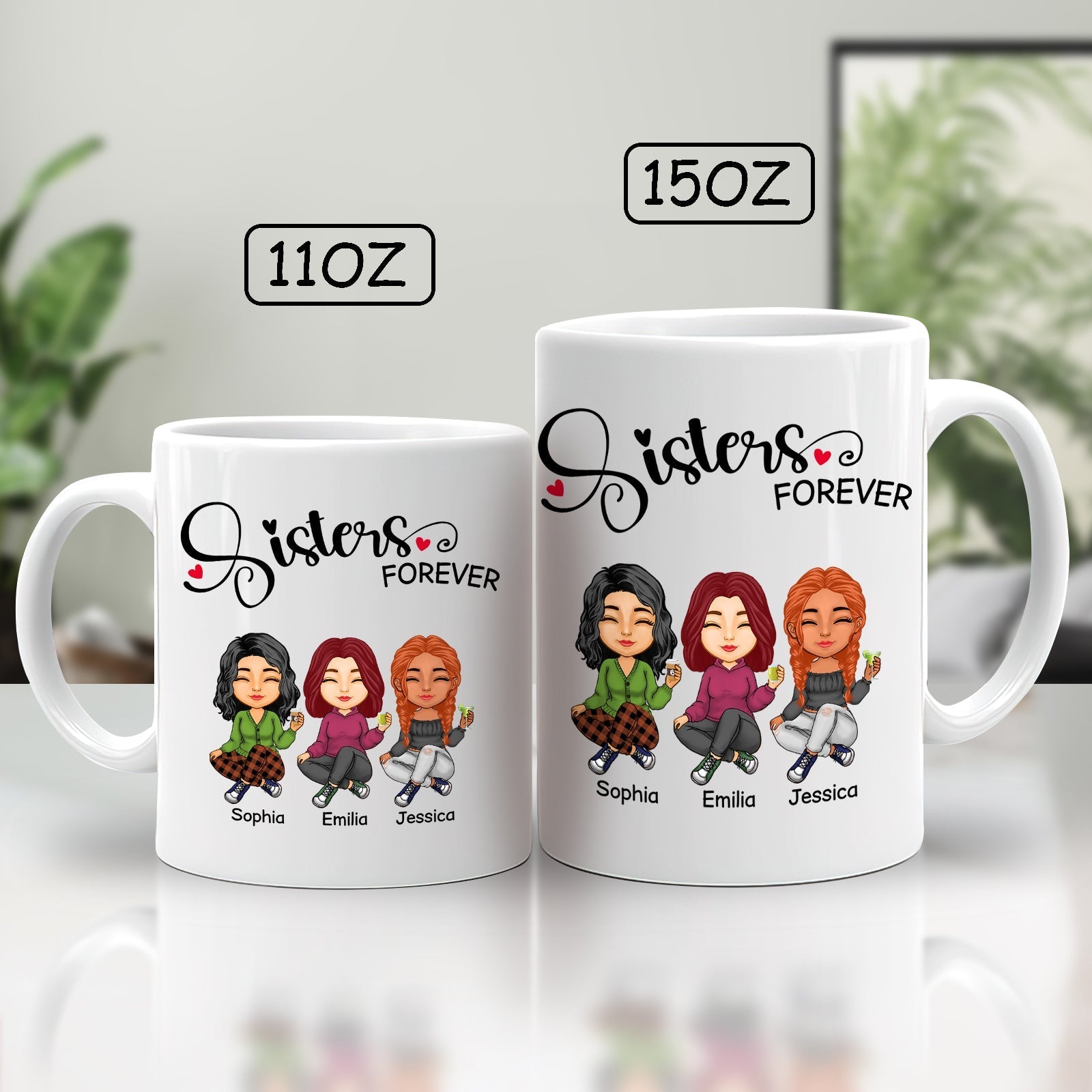 Personalized sisters mug featuring four cartoon characters with the text Sisters Forever