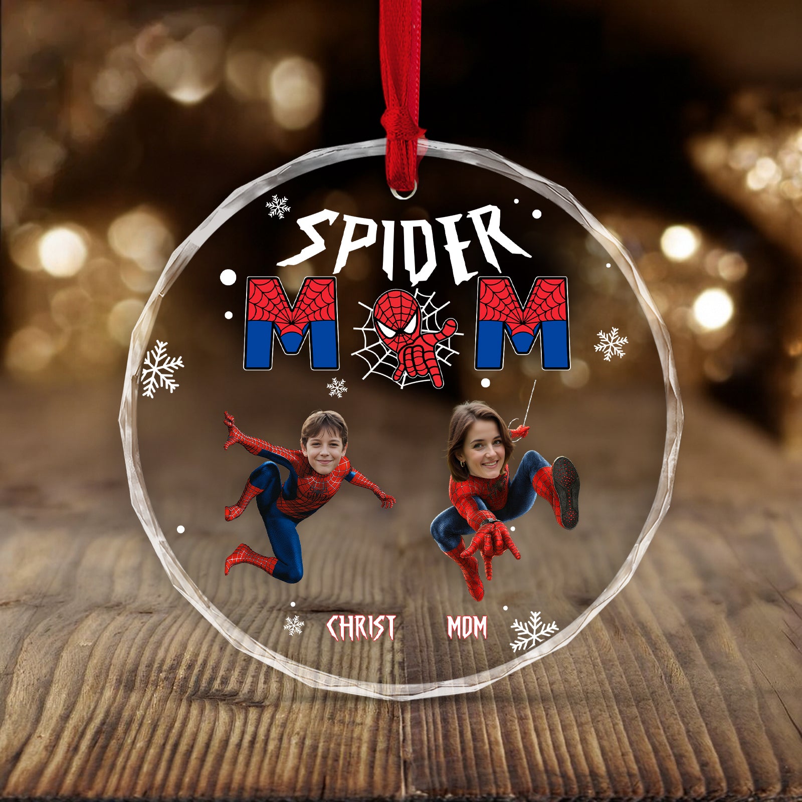 Personalized spider family ornament featuring custom images of children in superhero costumes