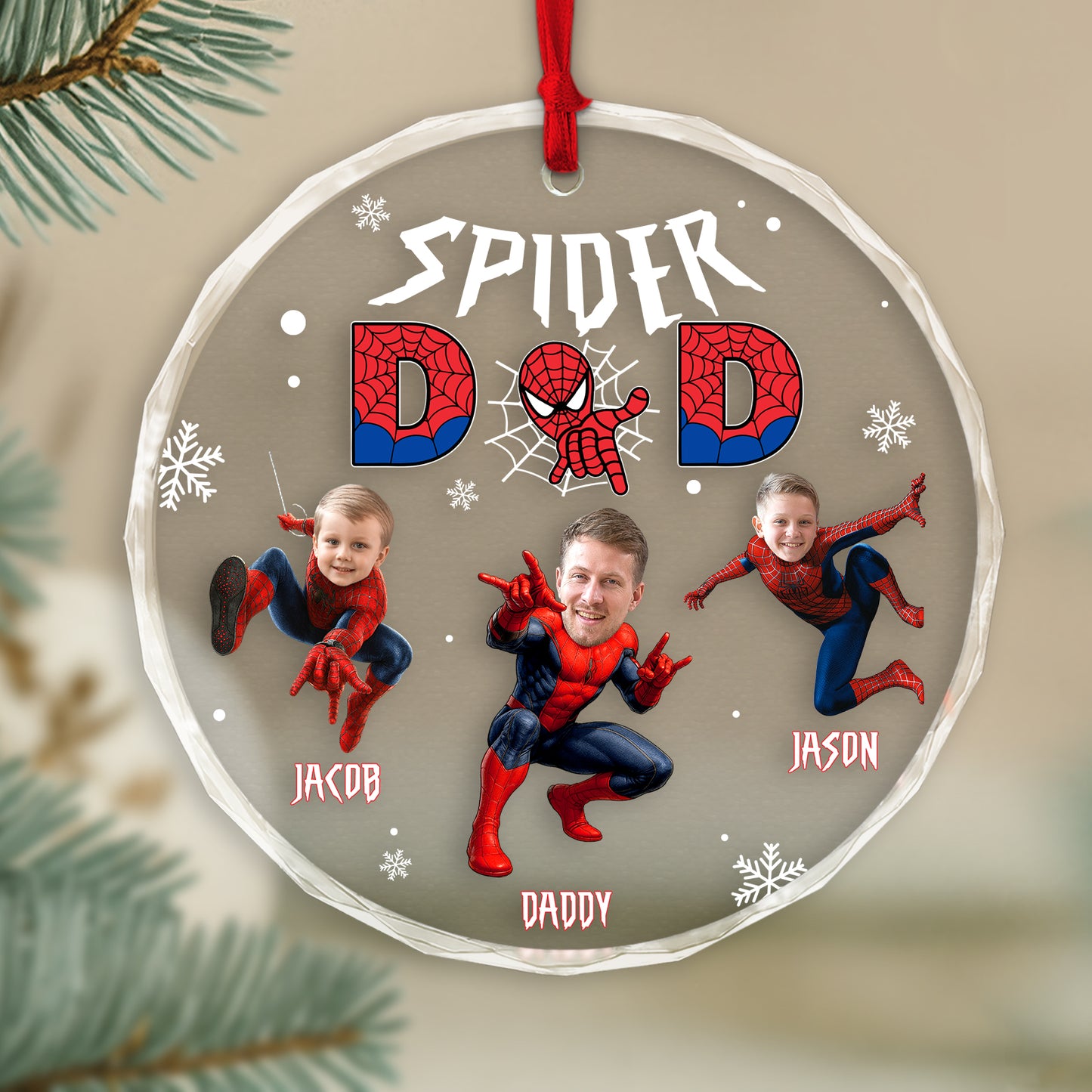 Personalized spider family ornament featuring three characters with names Jacob, Jason, and Daddy