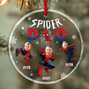 Personalized spider family ornament featuring photos of Daddy, Jacob, and Jason in superhero costumes