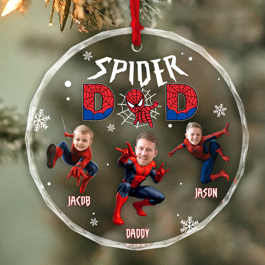 Personalized spider family ornament featuring photos of Daddy, Jacob, and Jason in superhero costumes