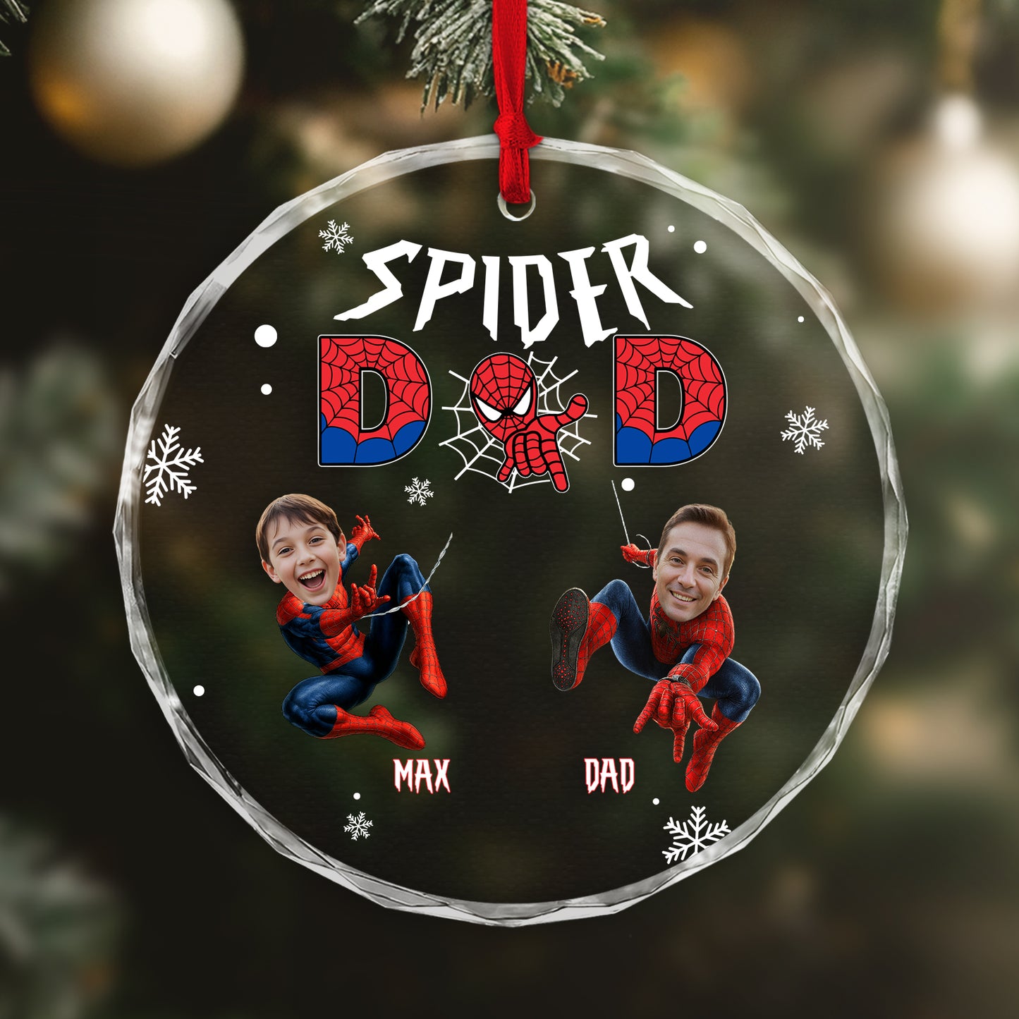 Personalized spider family ornament featuring custom photos of Max and Dad as Spider-Man