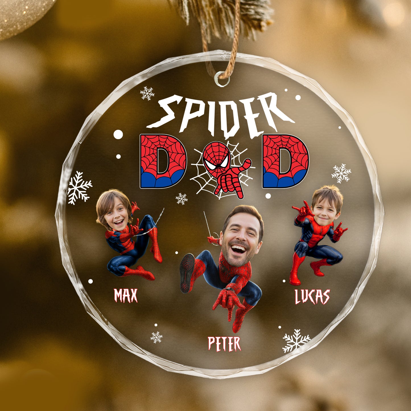 Personalized spider family ornament featuring Spider-Man designs with names Max, Peter, and Lucas