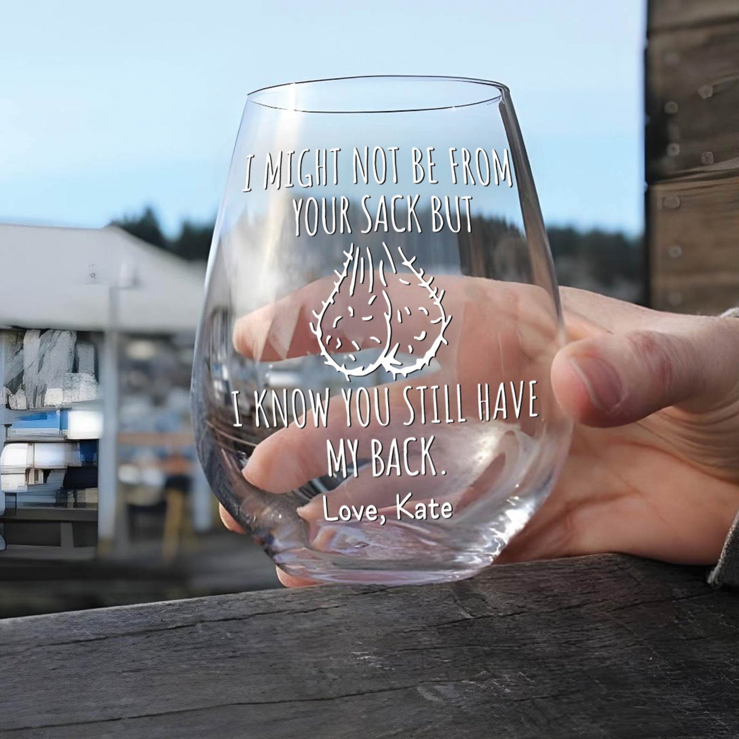 Personalized stepdad wine glass with humorous message and custom name engraved