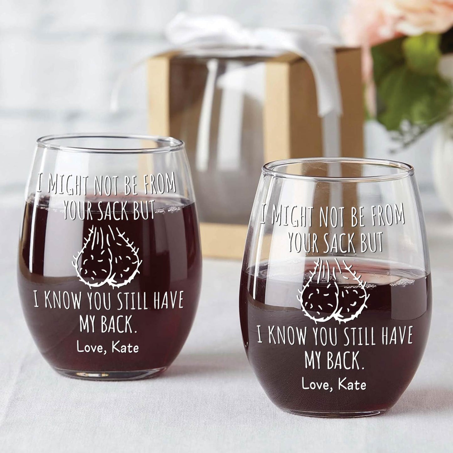 Personalized stepdad wine glass set with humorous quote and custom name Love Kate filled with red wine