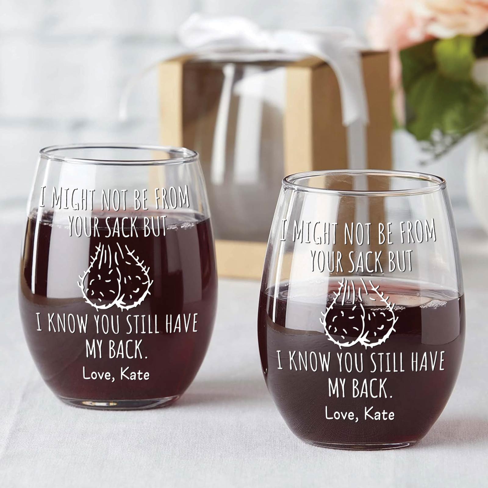 Personalized stepdad wine glass set with humorous quote and custom name Love Kate filled with red wine