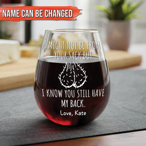 Personalized stepdad wine glass with humorous message and customizable name for unique gift