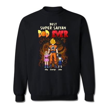 Black sweatshirt with personalized super saiyan family shirt design featuring best super saiyan dad ever text and kids named Ally George John