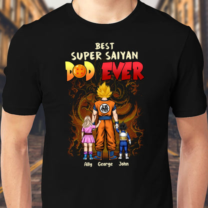 Black personalized super saiyan family shirt with cartoon dad and kids in anime style