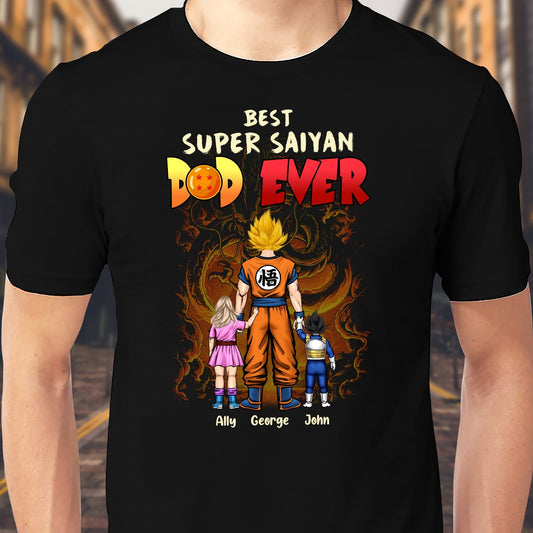 Black personalized super saiyan family shirt with cartoon dad and kids in anime style