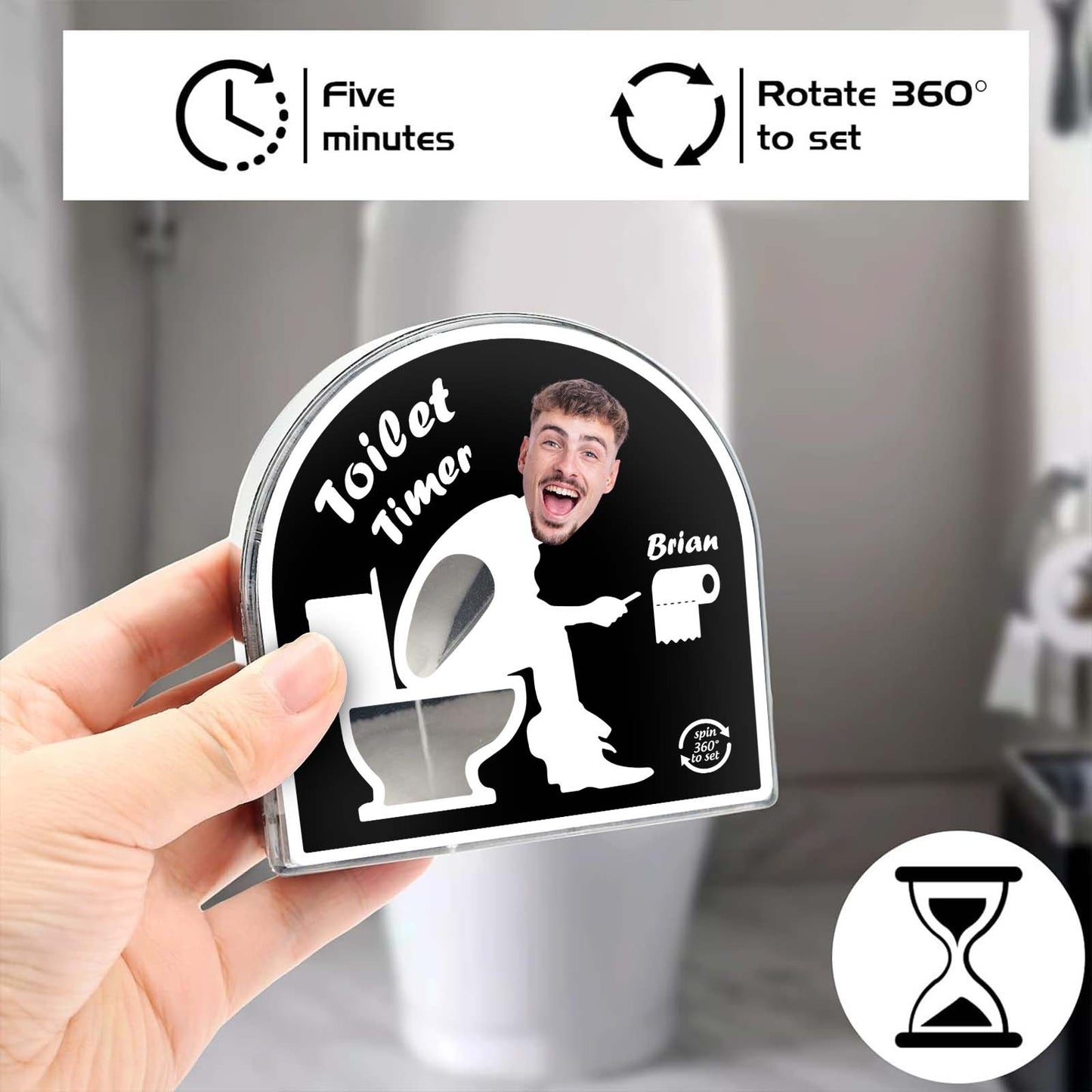 Personalized toilet timer gift with a 360-degree rotating feature for fun bathroom experiences