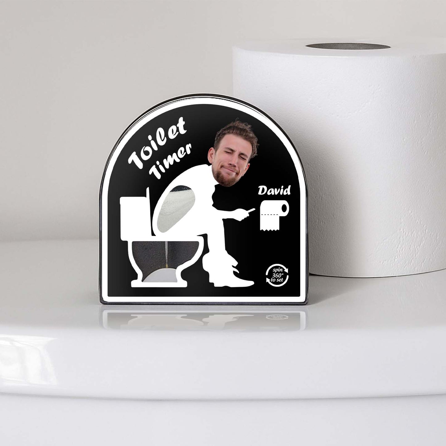 Personalized toilet timer gift featuring custom name for fun bathroom timing