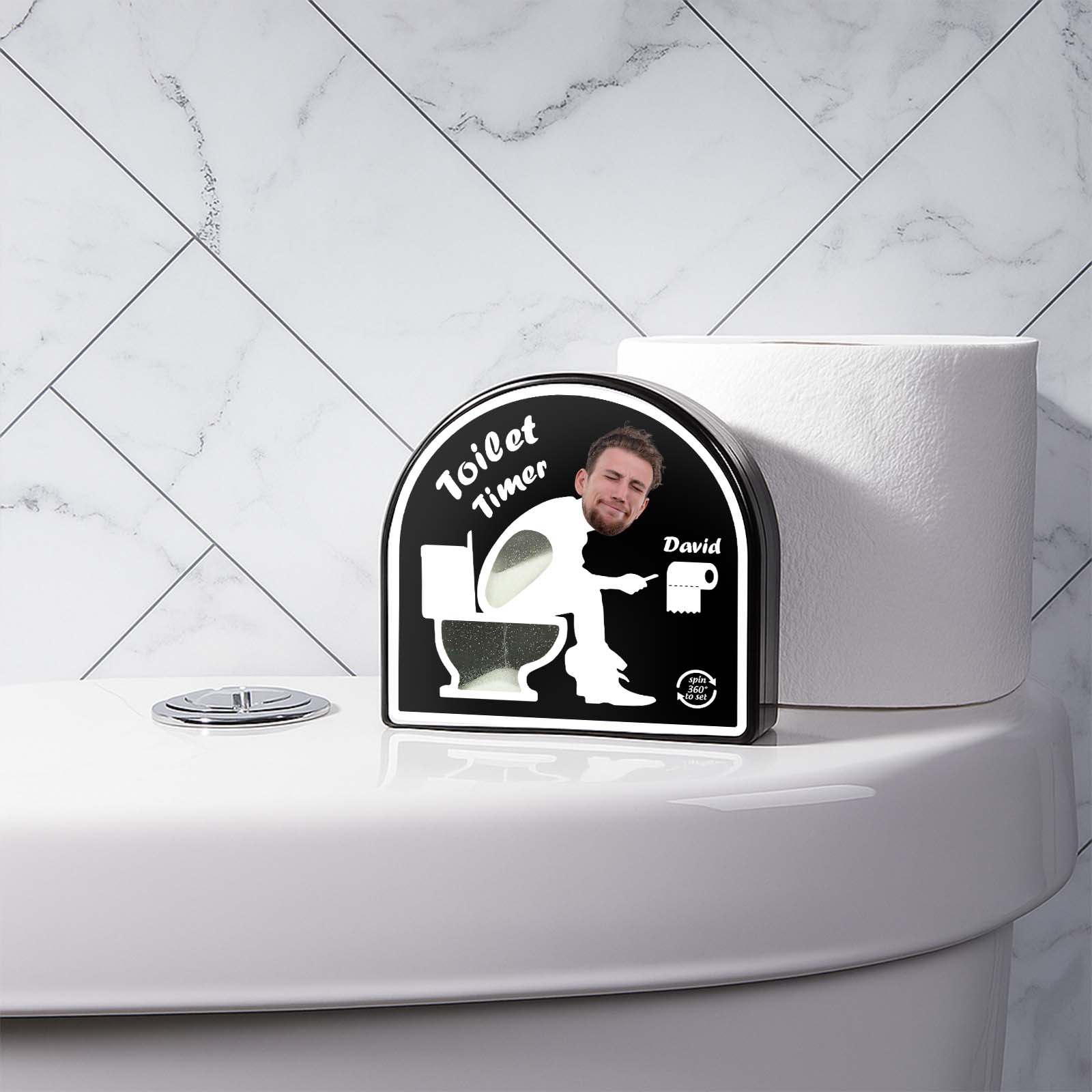 Personalized toilet timer gift with a humorous design for timed bathroom breaks