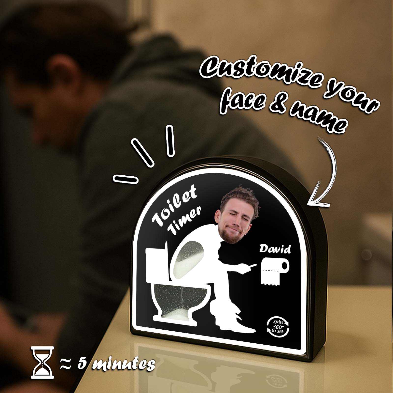 Personalized toilet timer gift with customizable name and face design for fun bathroom use