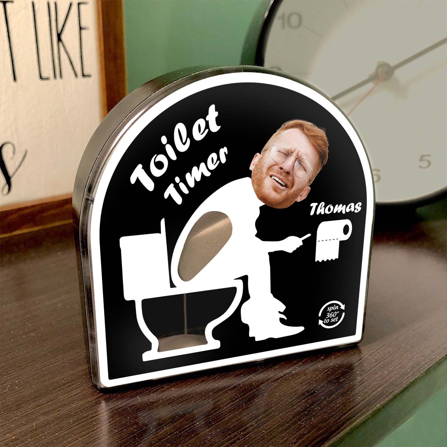 Personalized toilet timer gift featuring a humorous design for bathroom time management