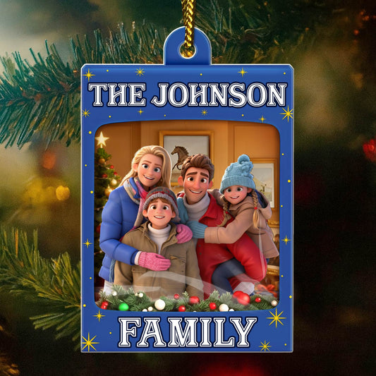 Personalized toy box ornament featuring a family portrait with the Johnson name and festive decoration