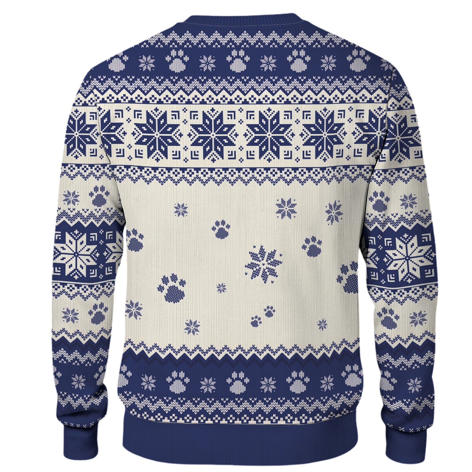 Cozy blue and cream patterned personalized ugly Christmas sweater with festive designs