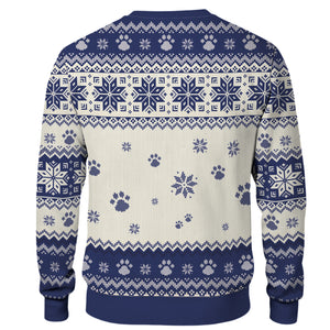 Cozy blue and cream patterned personalized ugly Christmas sweater with festive designs