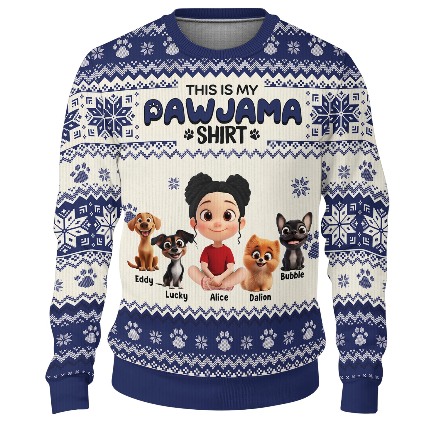 Personalized ugly Christmas sweater featuring cartoon pets and a girl, perfect for festive gatherings