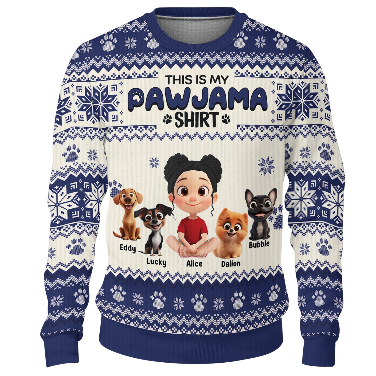 Personalized ugly Christmas sweater featuring cartoon pets and a girl, perfect for festive gatherings