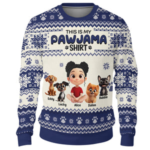 Personalized ugly Christmas sweater featuring cartoon pets and a girl, perfect for festive gatherings