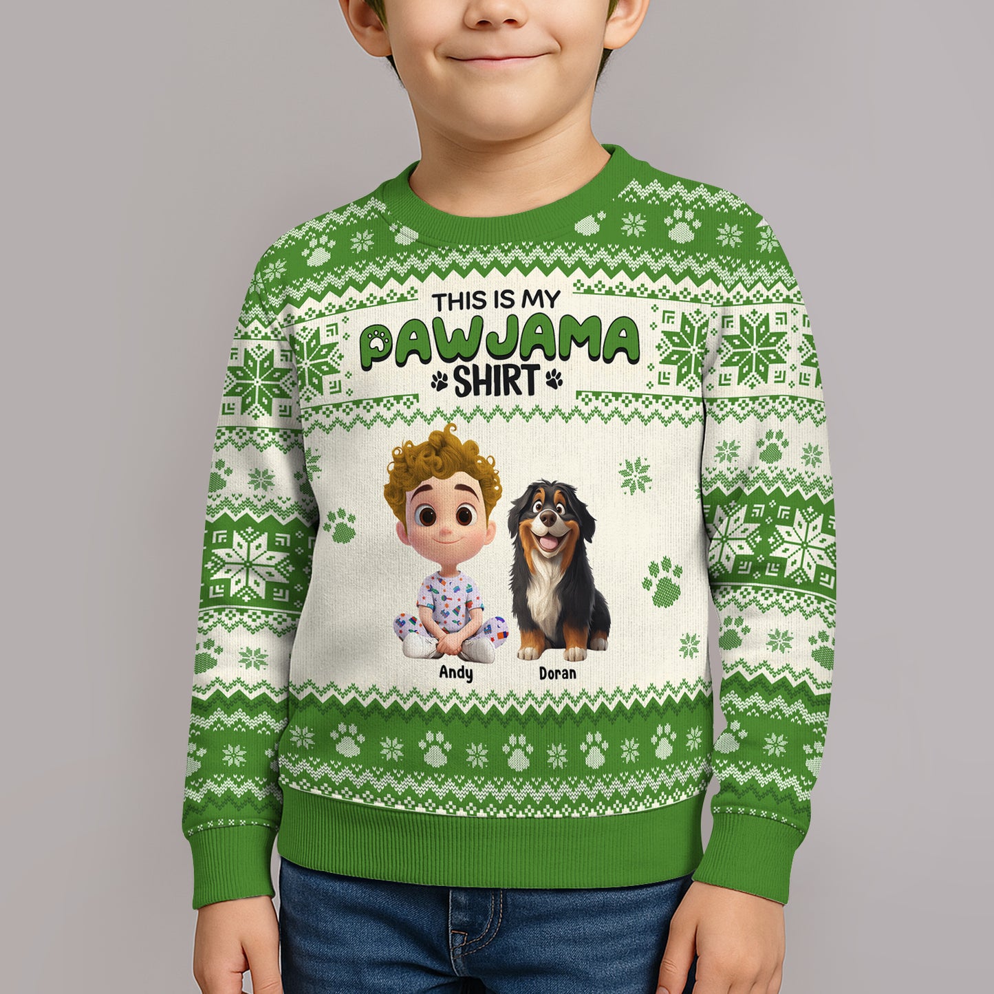 Personalized ugly Christmas sweater featuring cartoon characters and festive design for holiday fun