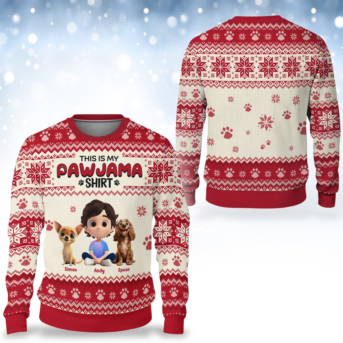 Personalized ugly Christmas sweater featuring custom design with cute pets and festive patterns